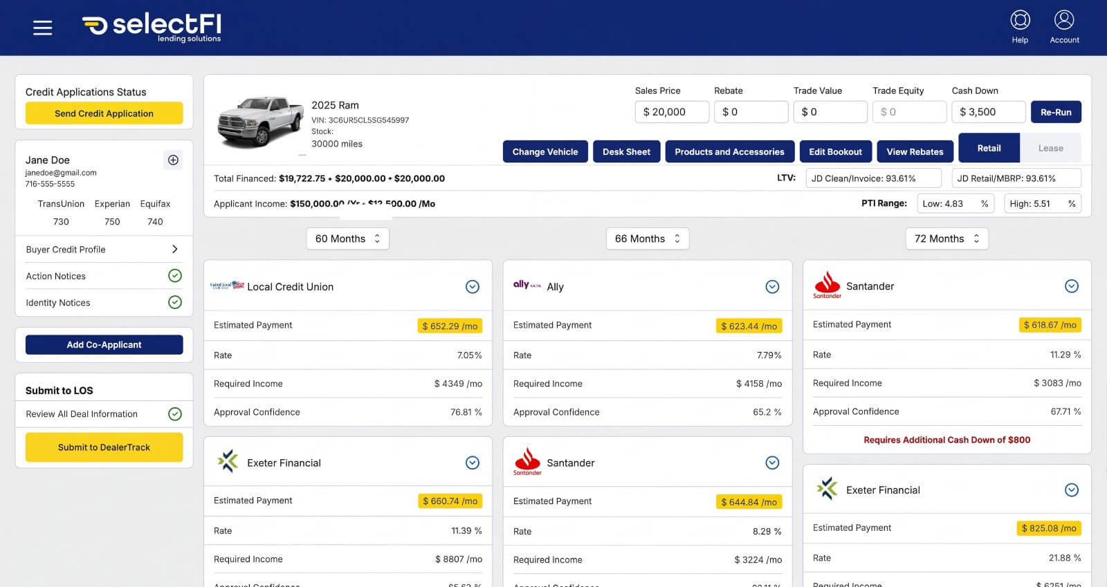 SelectFI pre-desking interface showing multi-lender payment estimates
